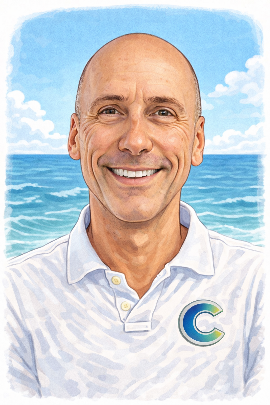 A smiling bald man wearing a white polo shirt with a 'C' logo, standing in front of the ocean and sky with some clouds.