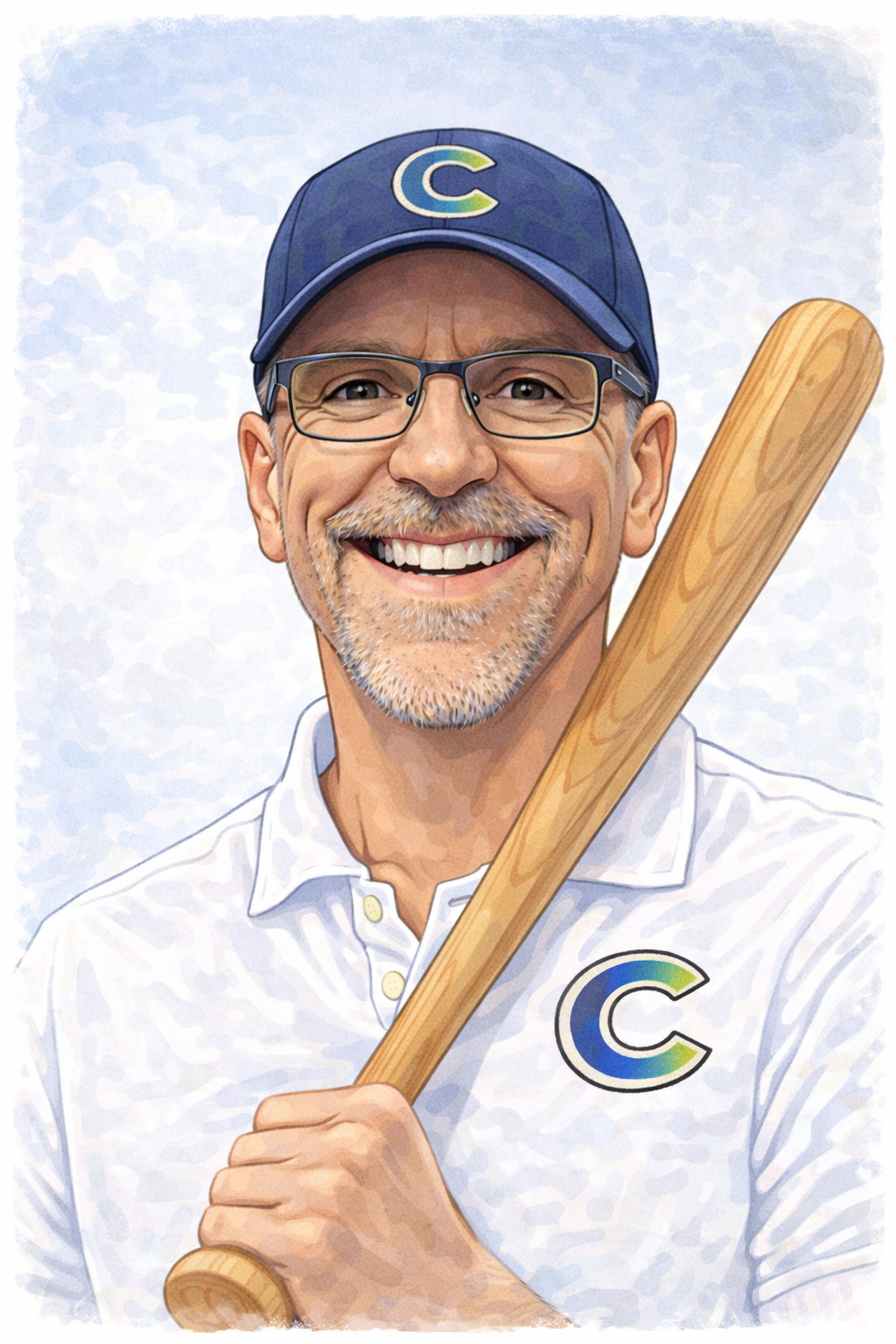 Smiling man wearing glasses, blue baseball cap with a 'C' logo, white collared shirt with a 'C' logo, holding a wooden baseball bat.