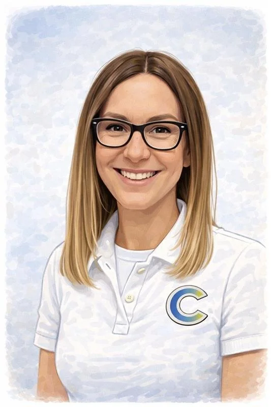 A woman with straight, shoulder-length blonde hair wearing black glasses and a white polo shirt with a logo on the chest, smiling against a textured light blue background.