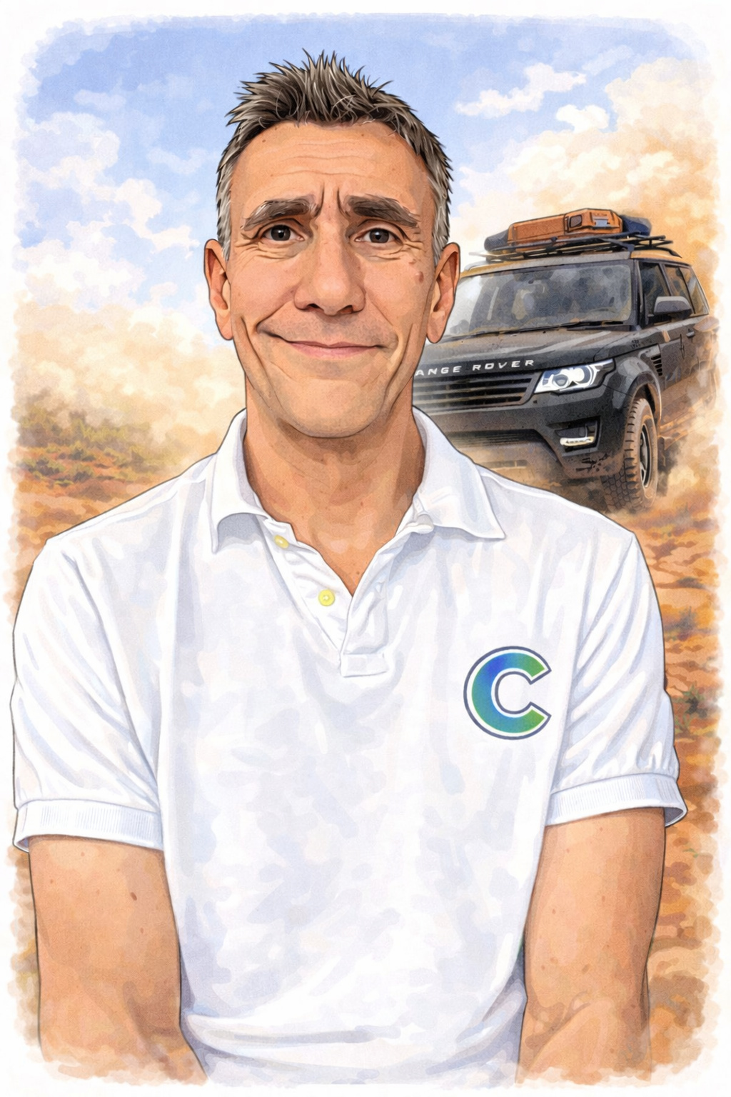 A man with short, spiky gray hair smiling in front of a black Range Rover SUV in a desert landscape with blue sky and clouds.
