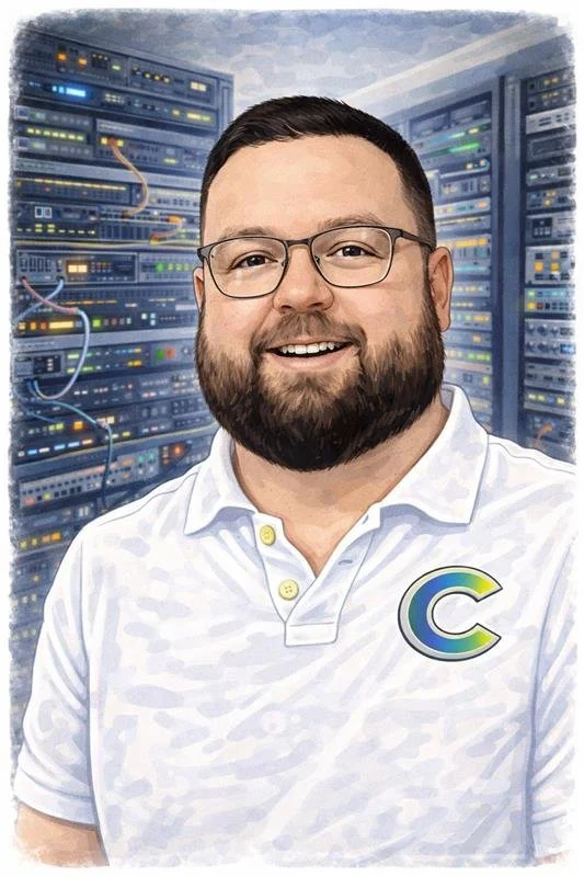 A man with glasses and a beard smiling in front of server racks in a data center.