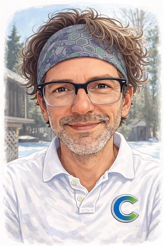 A man with curly hair wearing a patterned headband, glasses, and a white polo shirt with a logo, outdoors in a snowy, wooded area.
