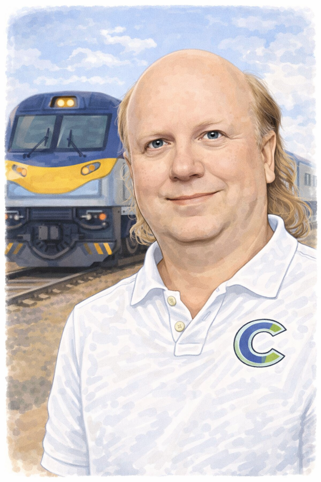 A man with a bald head and long blonde hair smiling, wearing a white polo shirt with a logo, standing in front of a train on a railway track under a blue sky with clouds.