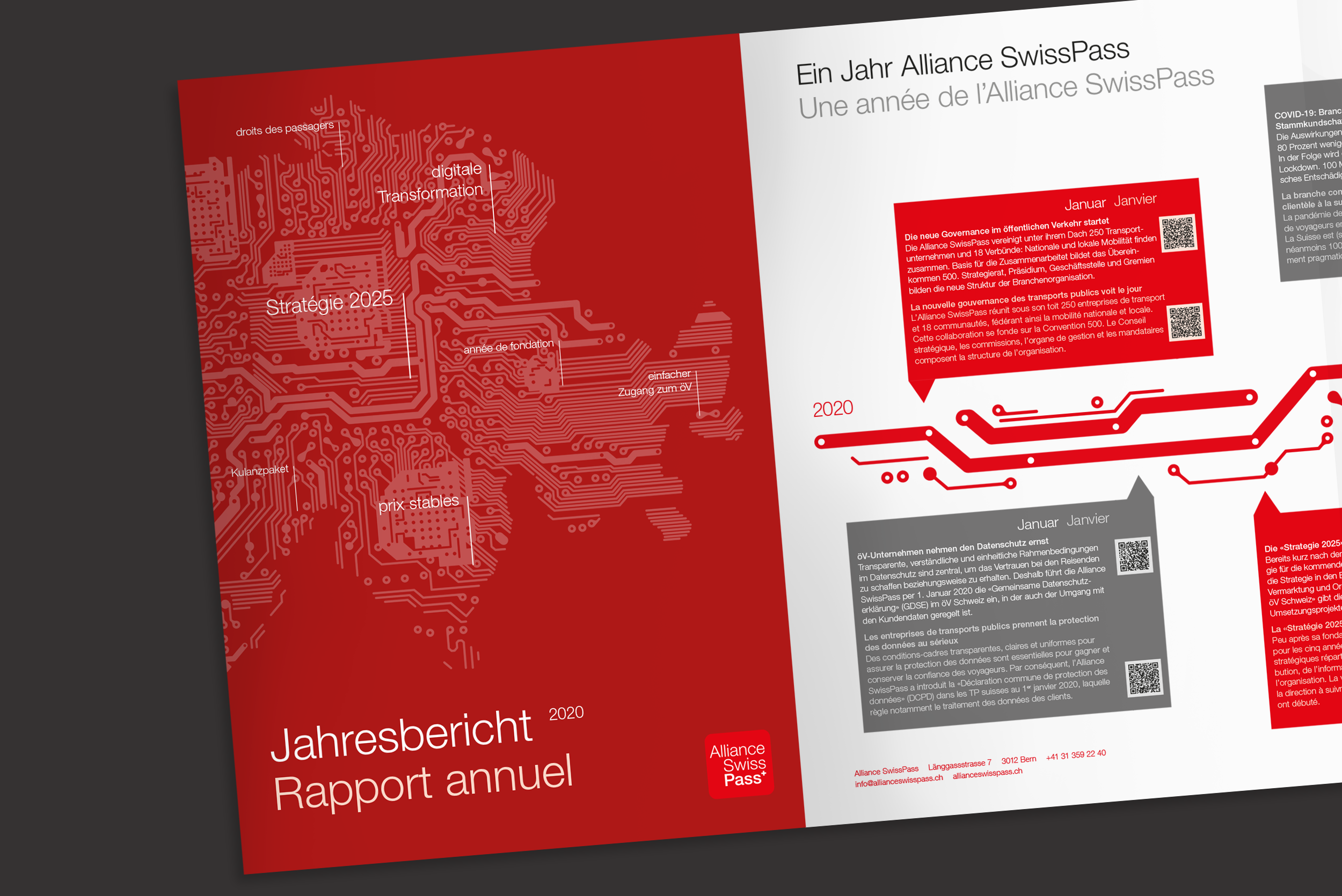 Bild eines Jahresberichts von Alliance SwissPass für das Jahr 2020 mit rotem und weißem Design, das eine Karte oder Broschüre zeigt, mit Text in Deutsch, Französisch und QR-Codes, sowie einem digitalen Circuit-Design im Hintergrund.