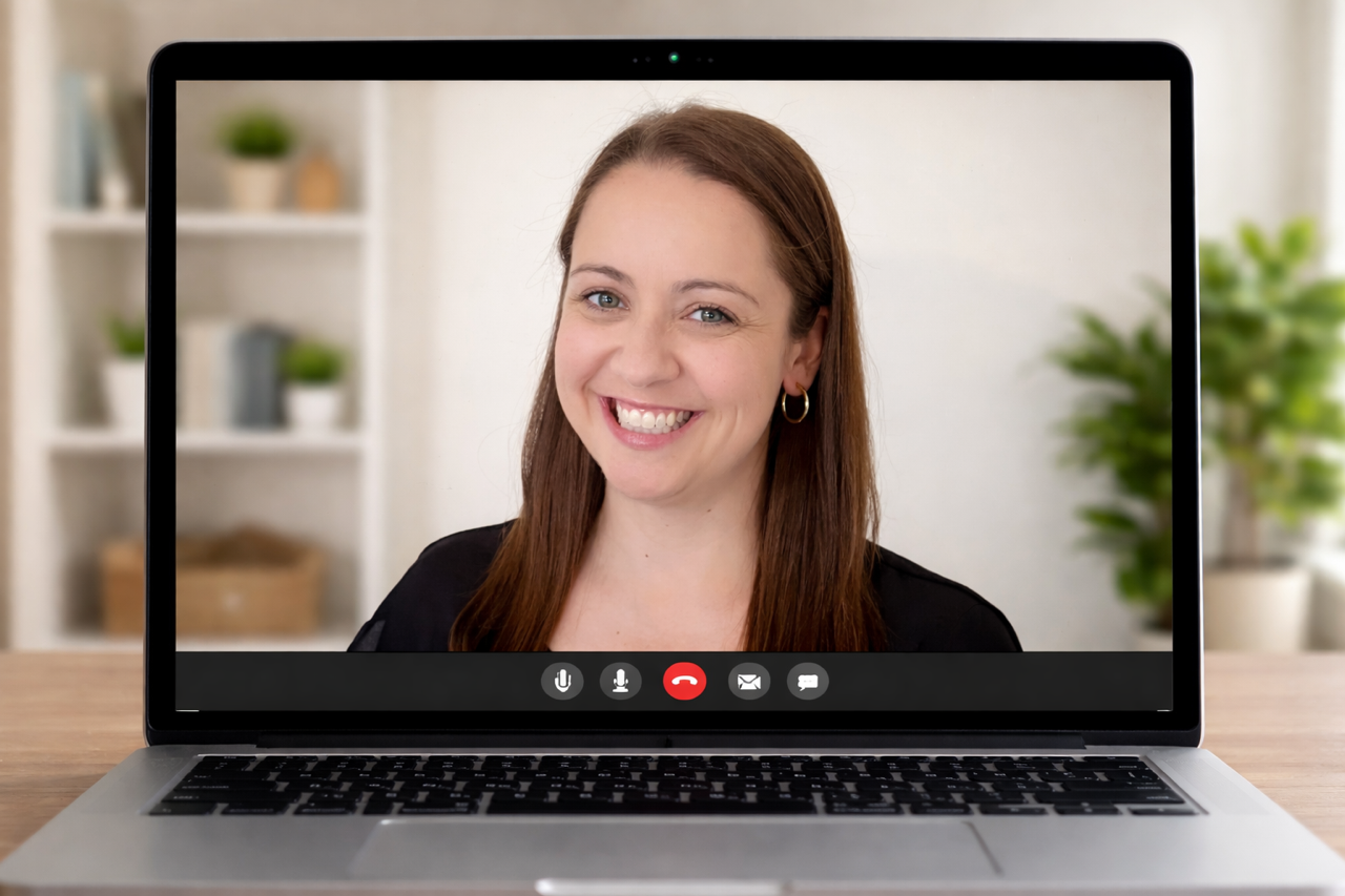 A woman smiling during a video call on a laptop with a blurred background of indoor plants and shelves.