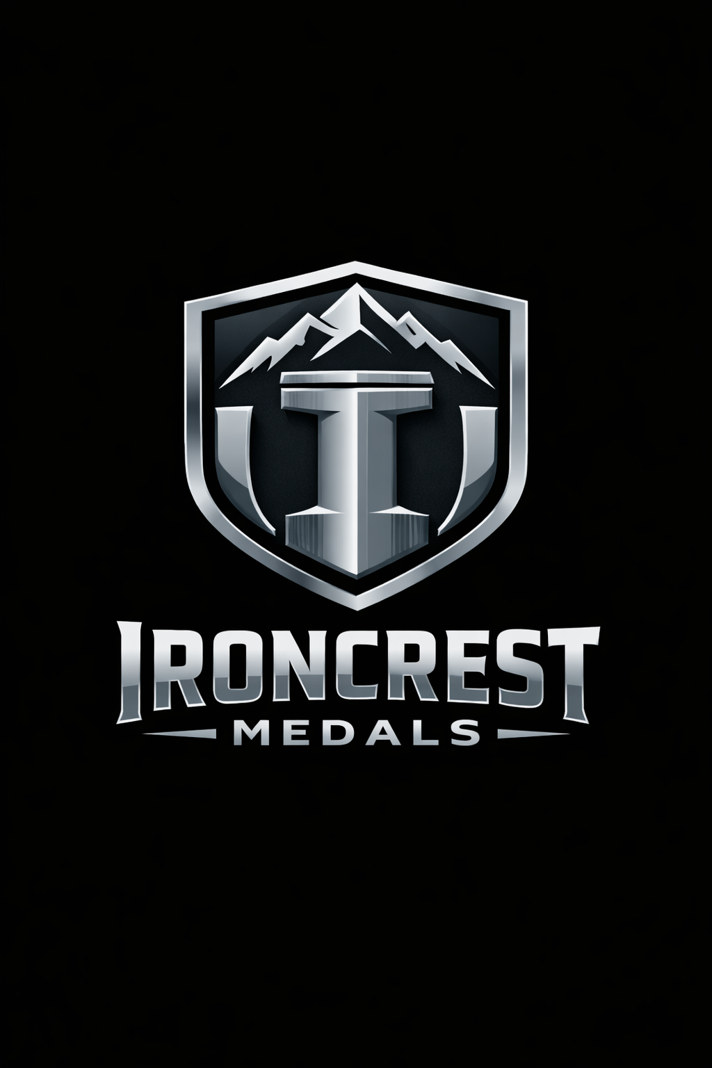 A logo for Ironcrest Medals featuring a metallic shield with a mountain and a large T-shaped icon in the center, and the text "Ironcrest Medals" in bold silver letters.