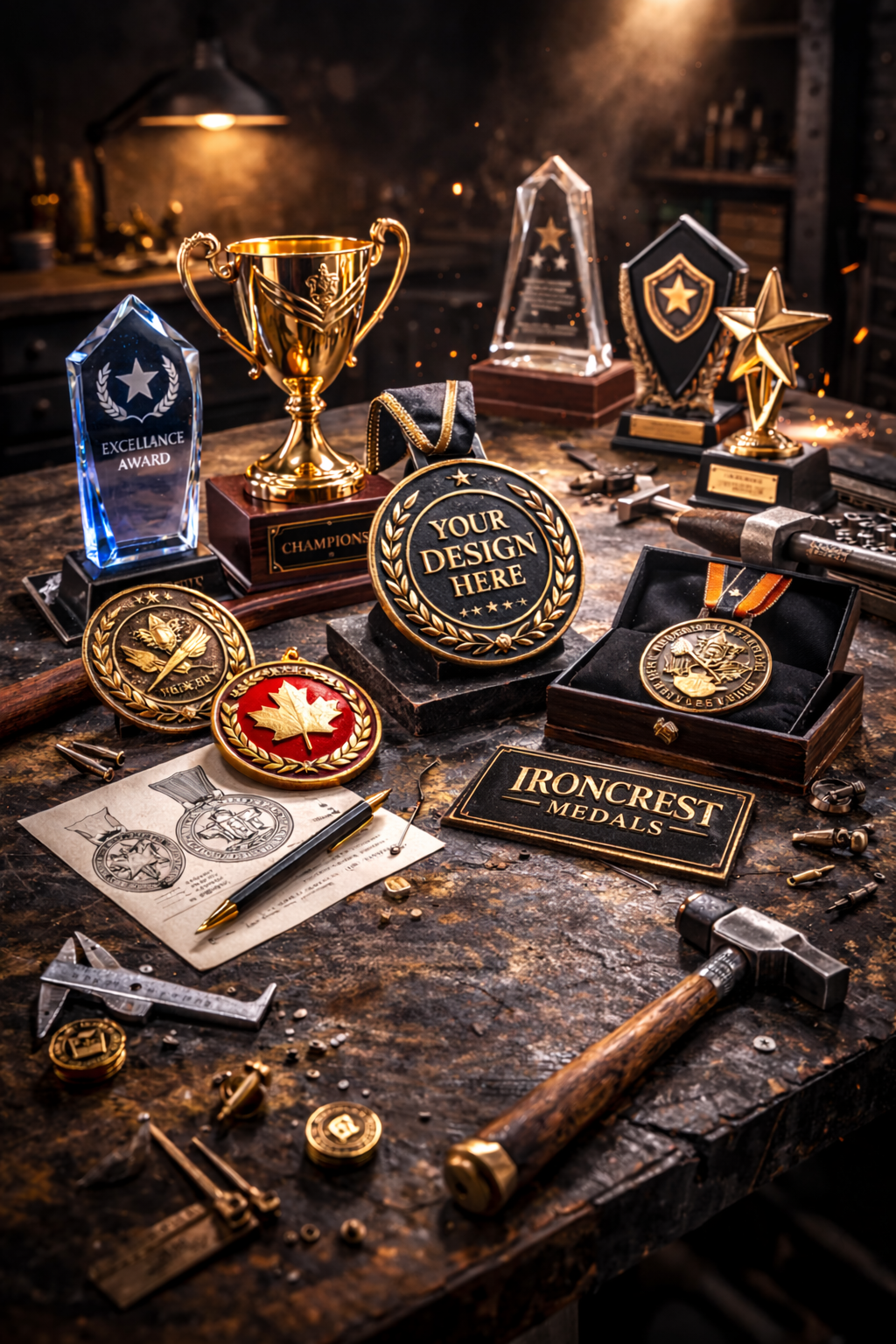 A cluttered workbench with various awards, medals, and trophies, including a gold trophy, glass awards, medals with Canada and military themes, a black box with a medal inside, some sketches, tools such as a hammer and calipers, and a sign reading 'IRCONREST MEDALS,' all in a dimly lit room.