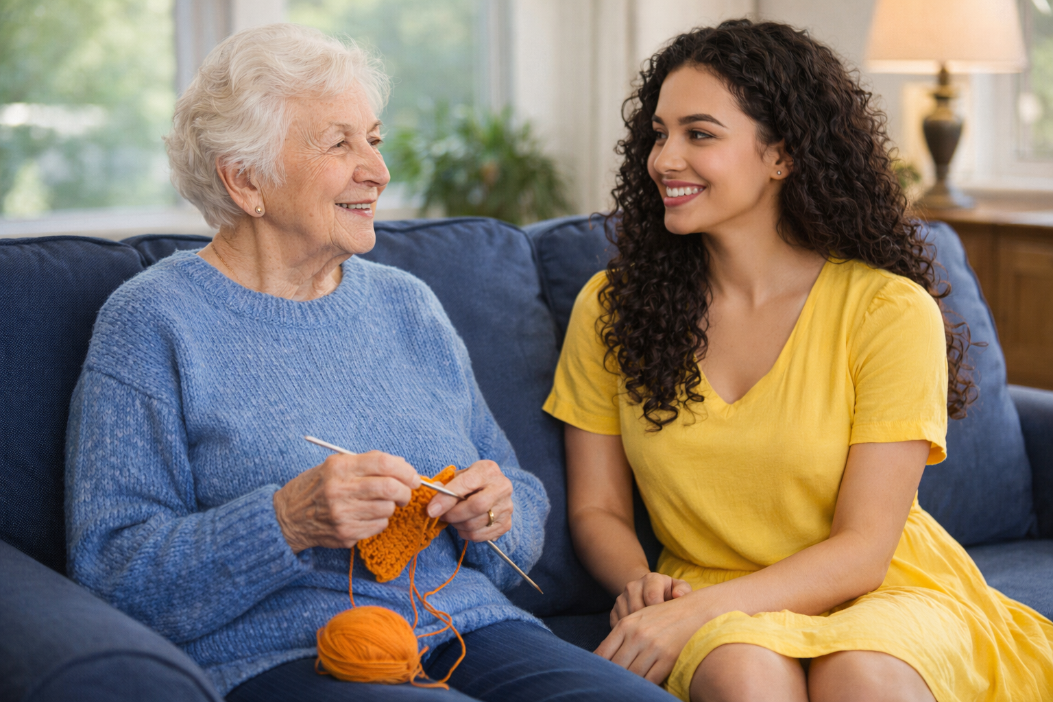 An older woman is knitting, while sitting next to a younger woman.