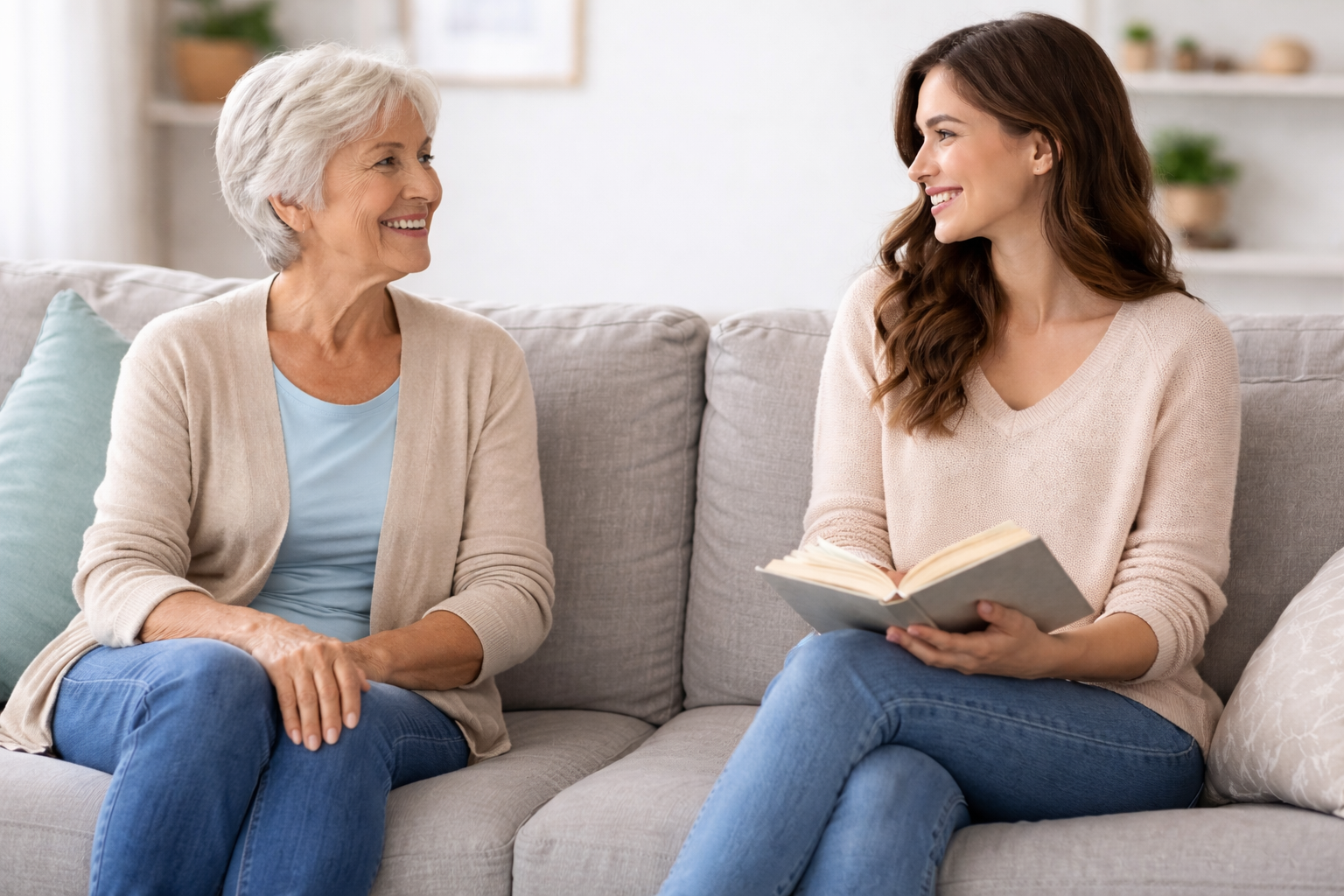 A senior woman sits next to a younger woman reading a book.