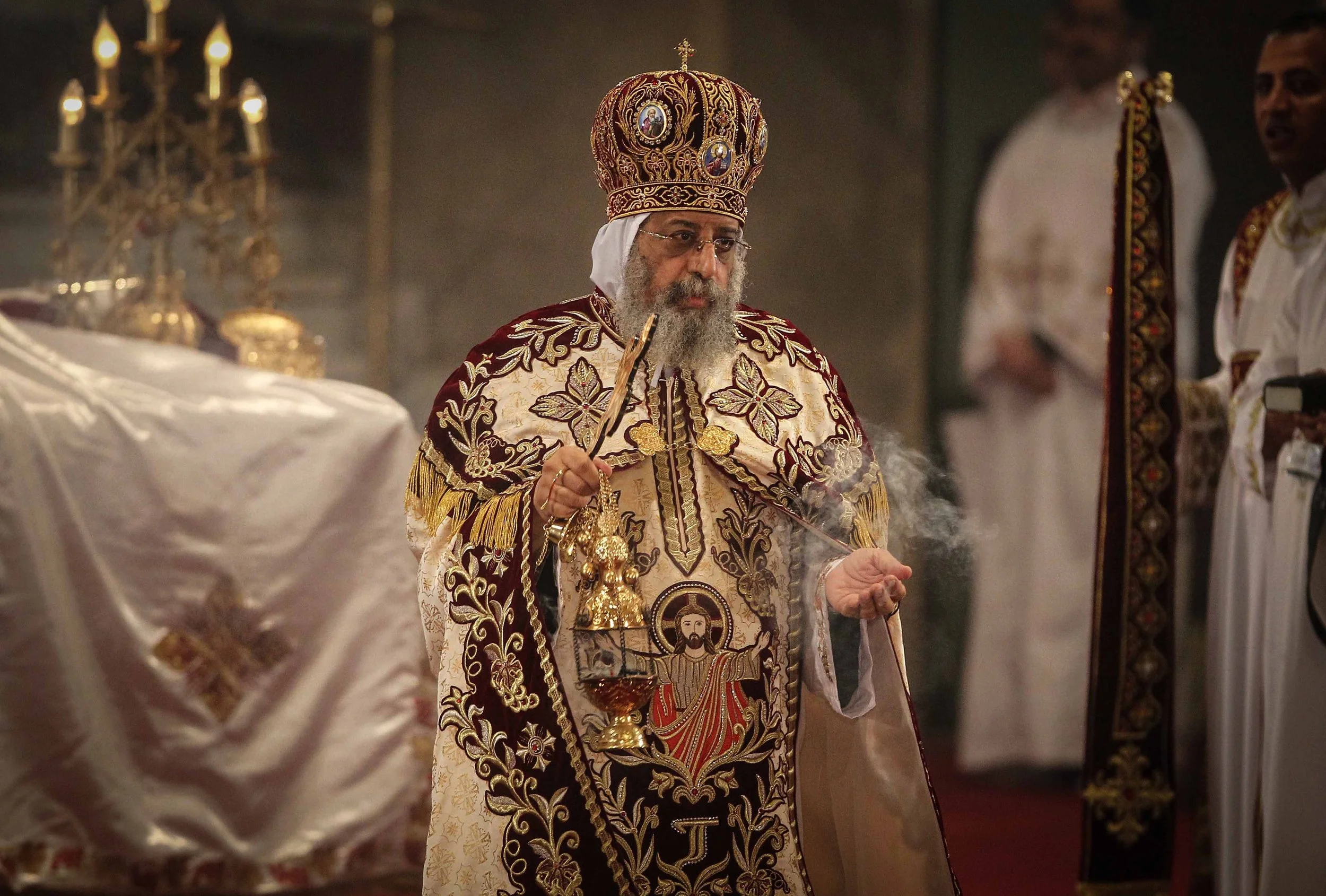 Photo shows Pope Tawadros II during liturgy service.