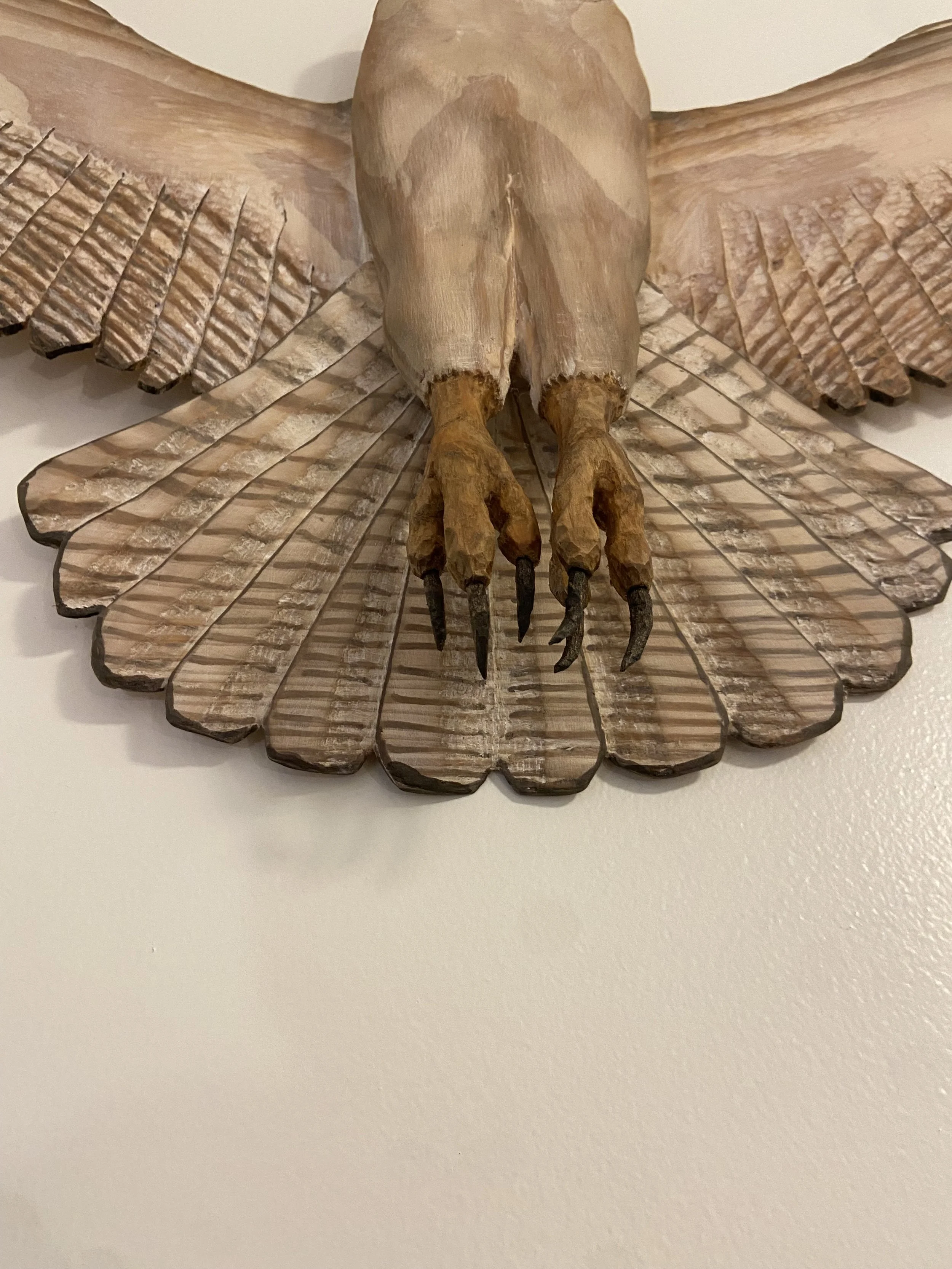 Realistic Life Size Barn Owl Wood Carving Sculpture Wall Art Wings Open with detailed wings and claws mounted on a wall.