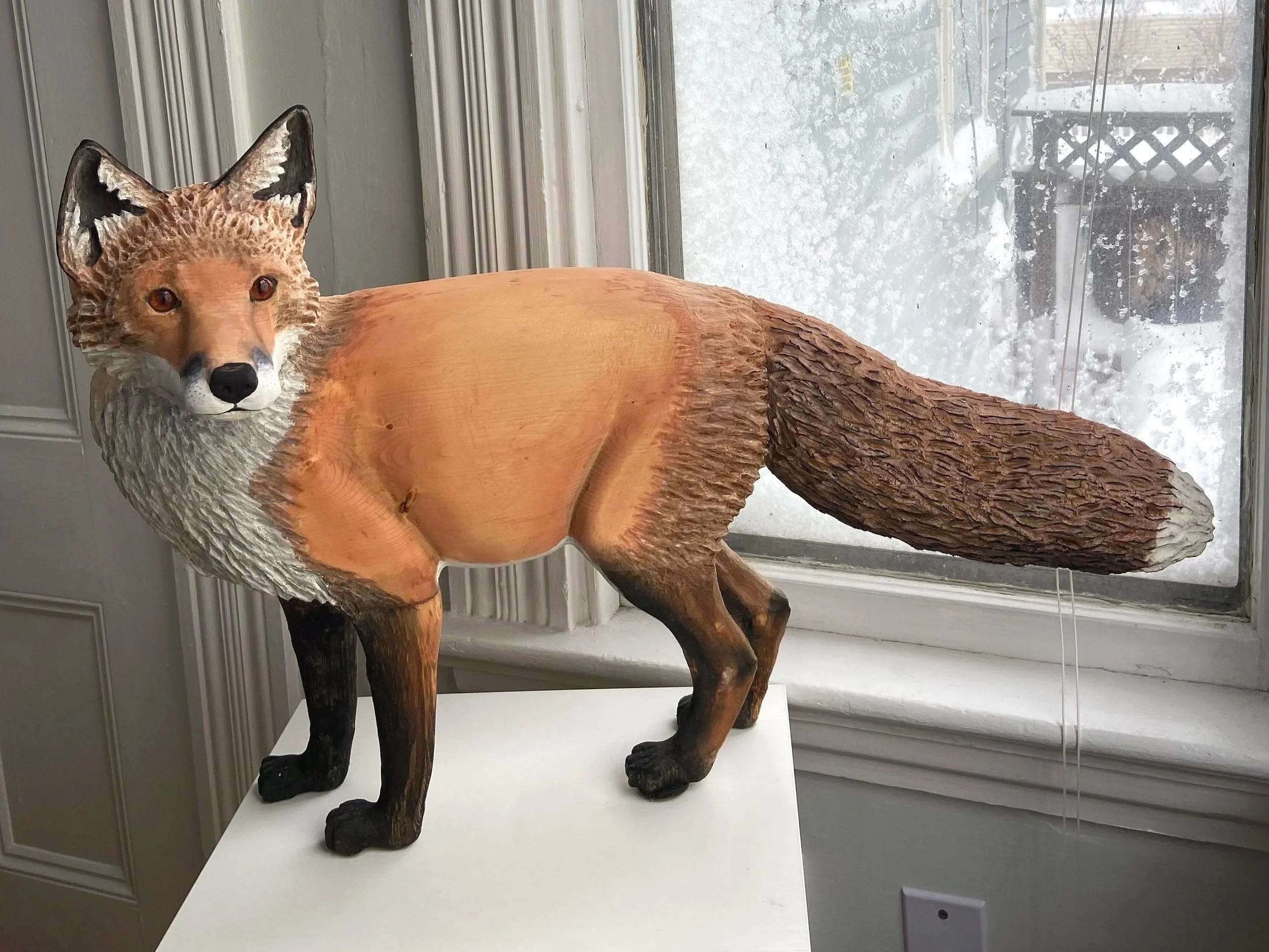Realistic Life Size Red Fox Wood Carving Sculpture with detailed fur.