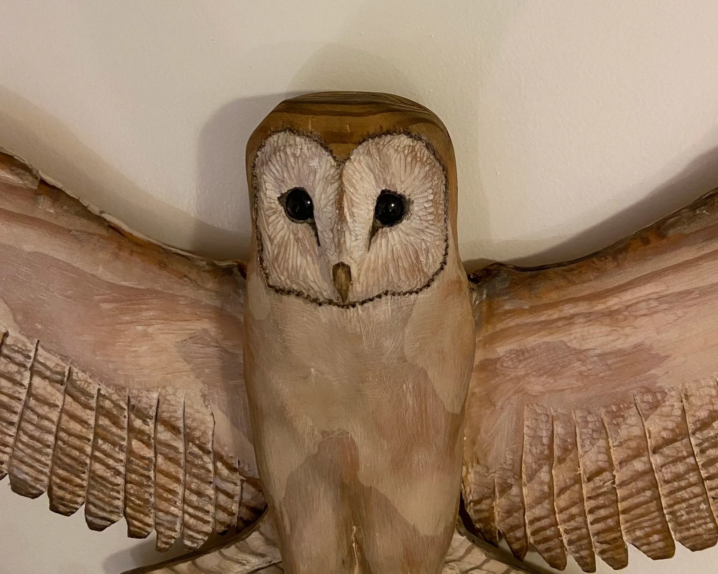 	
Realistic Life Size Barn Owl Wood Carving Sculpture Wall Art Wings Open with cute face owl