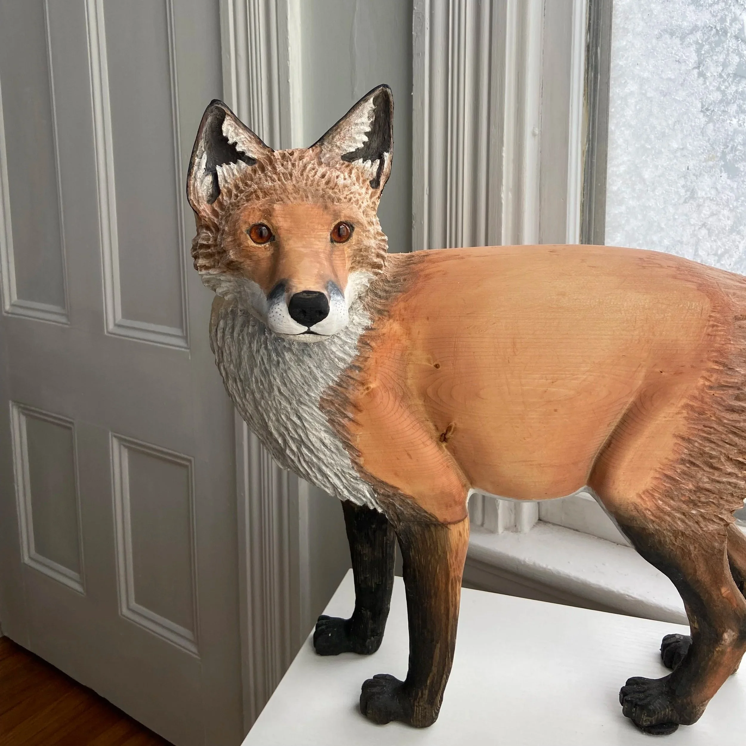 Realistic Life Size Red Fox Wood Carving Sculpture with detailed fur..
