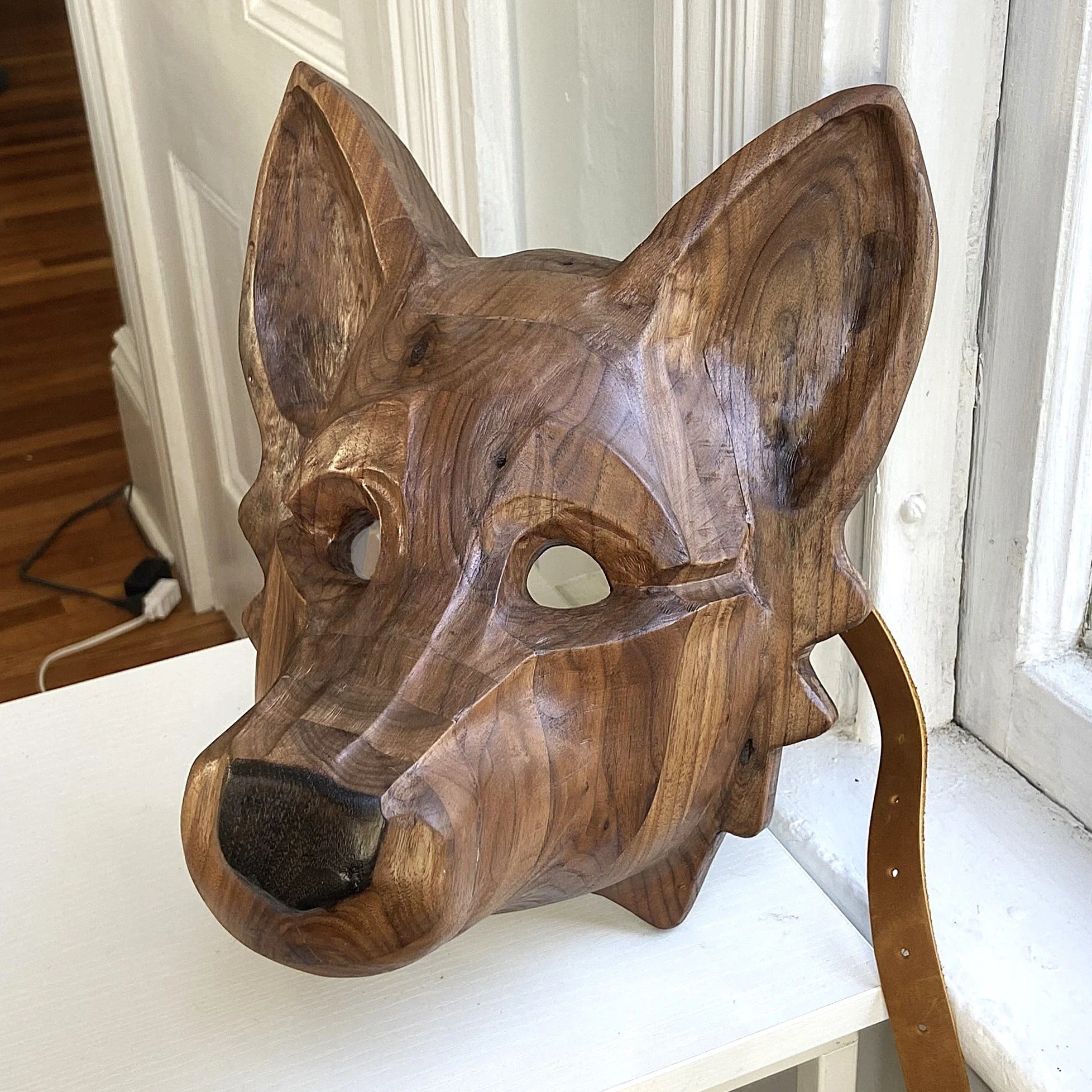 Wood carved wolf therian mask