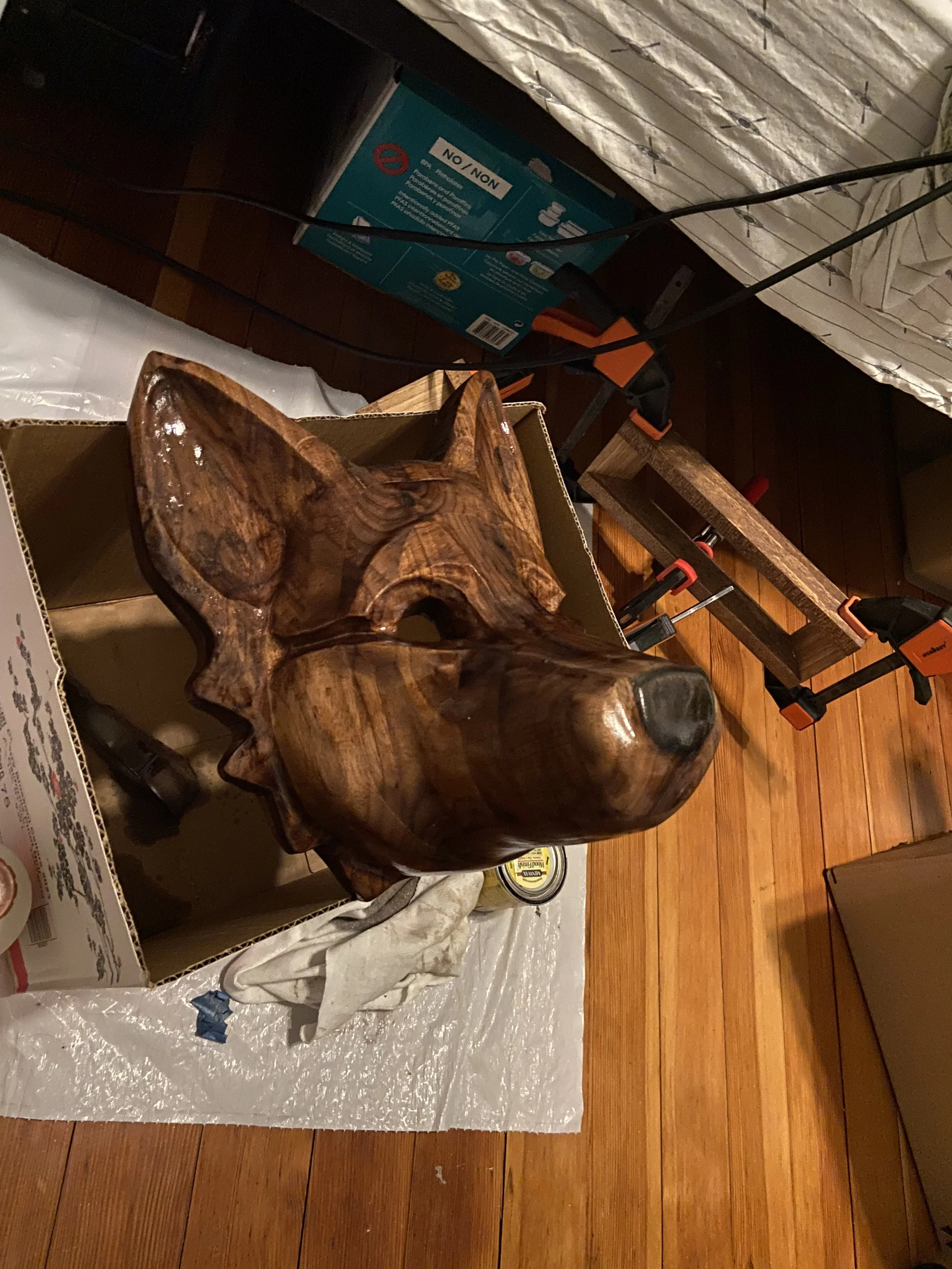 	
Wolf therian mask wood carving