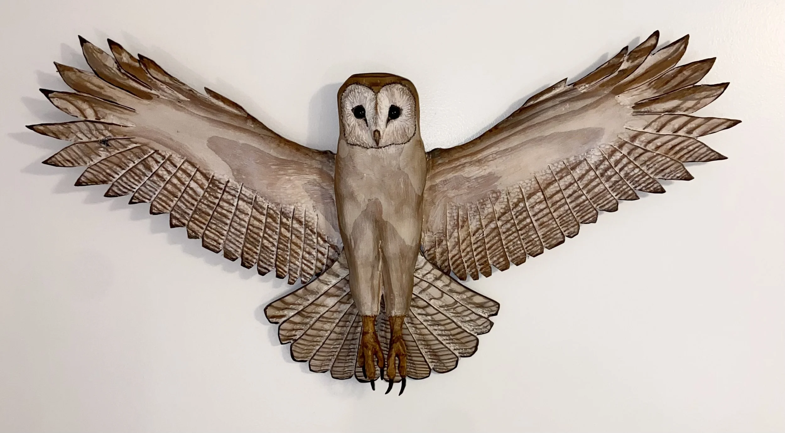 Realistic Life Size Barn Owl Wood Carving Sculpture Wall Art Wings Open