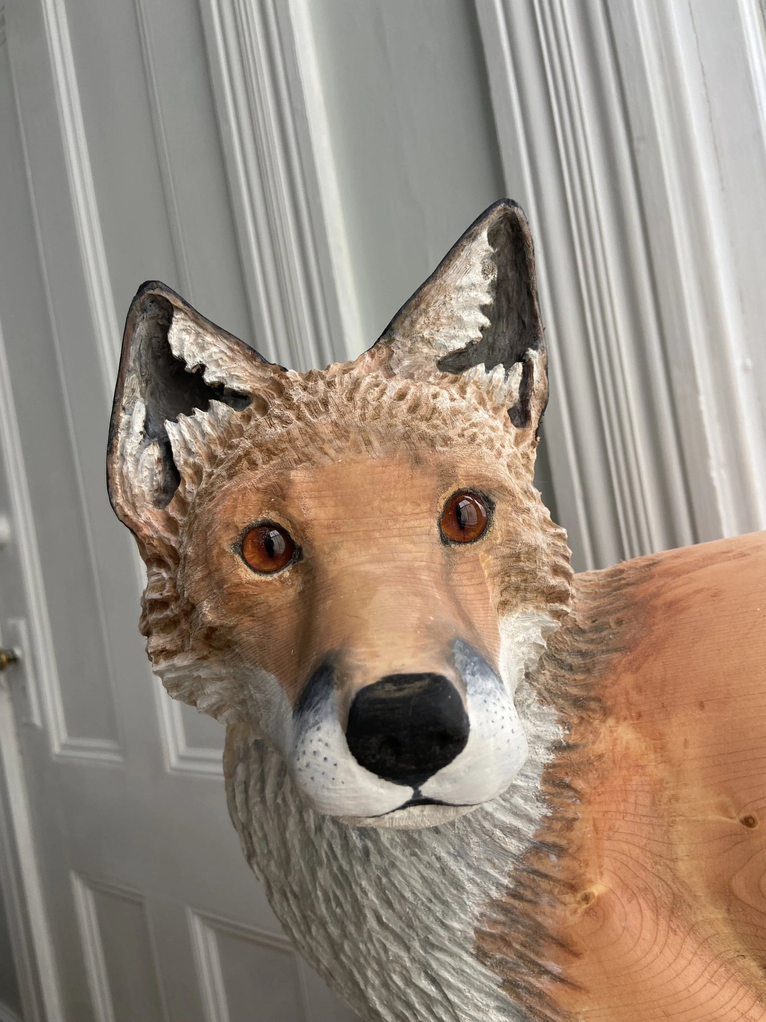 Realistic Life Size Red Fox Wood Carving Sculpture.