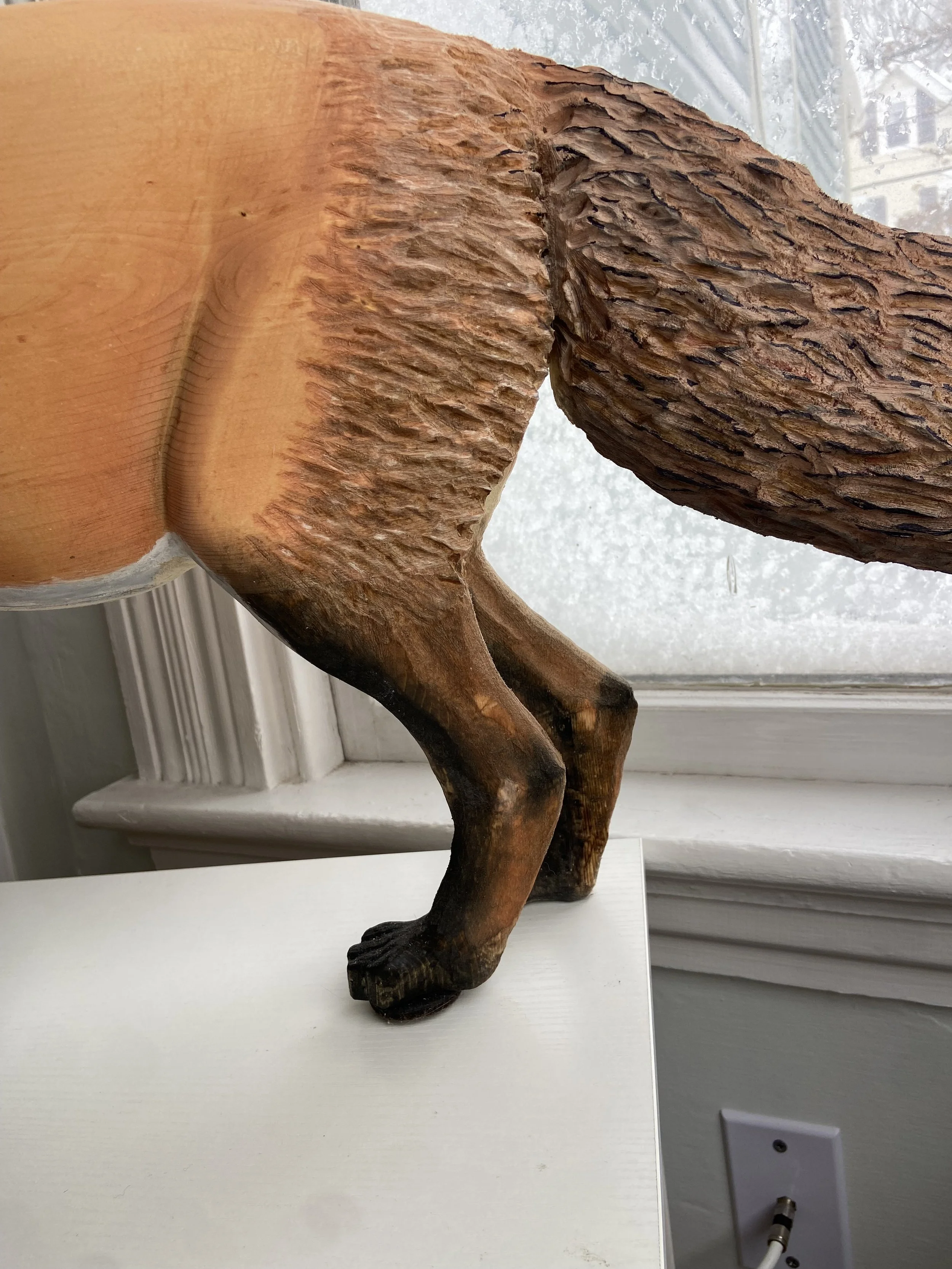 	
Realistic Life Size Red Fox Wood Carving Sculpture with detailed fur.
