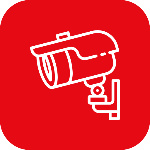 White security camera icon on a red background.
