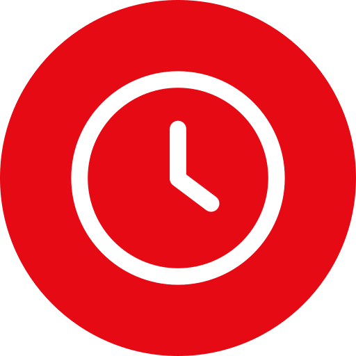 Red circular icon with white clock symbol showing the time as approximately 4:00.