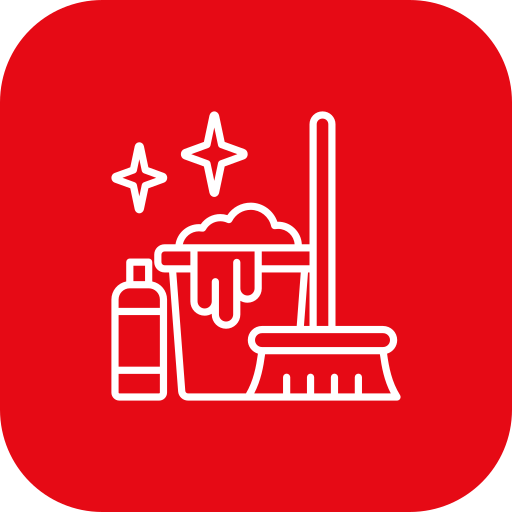 Cleaning supplies icon featuring a mop, bucket, spray bottle, and cleaning solution bottle on a red background.