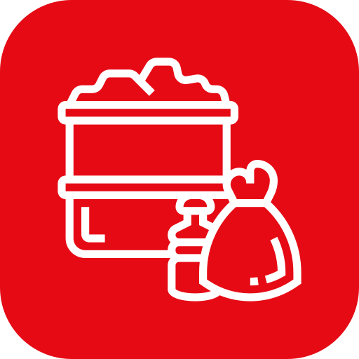 Icon of a container with snow or ice, a heart, a bottle, and a bag of powder on a red background.