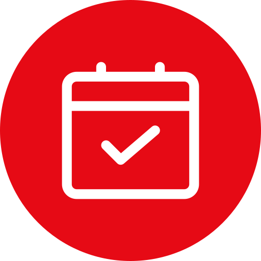 A white calendar icon with a checkmark inside, on a red circular background.