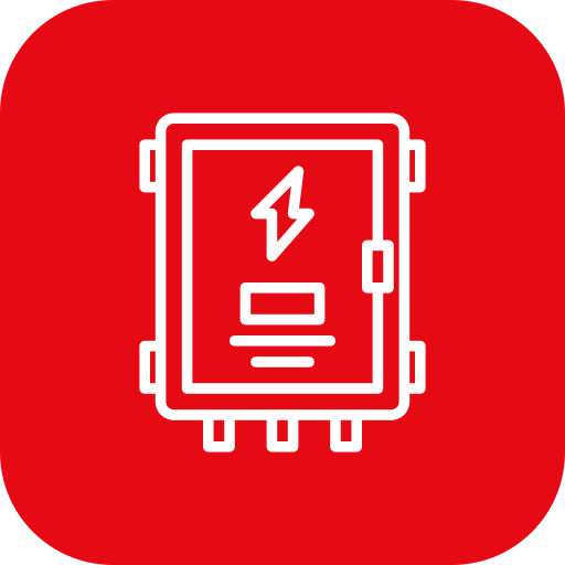 Icon of a battery or power source with a lightning bolt symbol on it, on a red background.
