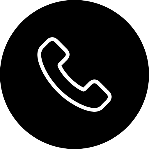 Icon of a white telephone handset on a black background.