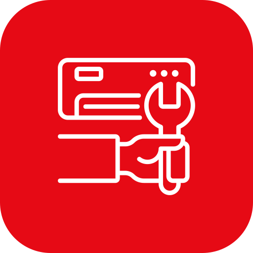 Icon of a hand holding a wrench, with a computer or card in the background, on a red background.