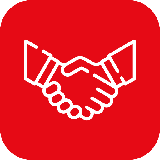 Line drawing of a handshake on a red background.