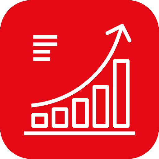 Red app icon with a white upward trending bar graph and arrow, representing growth or increase.