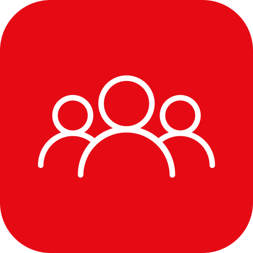 Icon of three people, representing a group or community, on a red background.