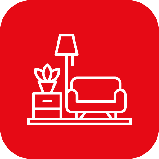 Line drawing of a living room with a potted plant, a floor lamp, and a sofa on a red background.