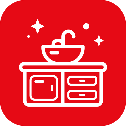 Icon of a kitchen sink with a faucet, set on a countertop with drawers and a cabinet, on a red background with stars.