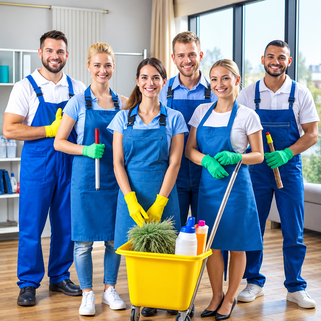 Group of seven professional cleaners in uniform, smiling, standing behind yellow cleaning cart with cleaning supplies and plant, in well-lit room with large windows.