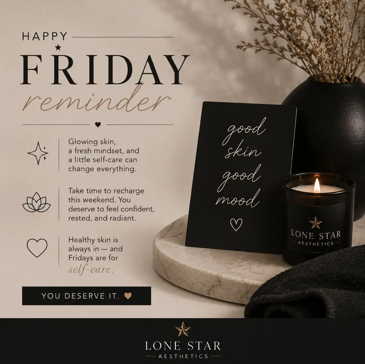 ✨ Friday Reminder ✨

Glowing skin, a fresh mindset, and a little self-care can change everything 🤍

Take time to recharge this weekend.
You deserve to feel confident, rested, and radiant ✨

Healthy skin is always in &mdash; and Fridays are for self-