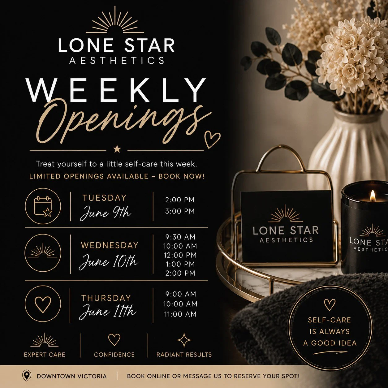 ✨ WEEKLY OPENINGS AVAILABLE ✨
Treat yourself to a little self-care this week at Lone Star Aesthetics! Whether you're due for Botox, a facial, filler, skincare consultation, or simply some relaxation, we have a few appointments available.
📅 Available