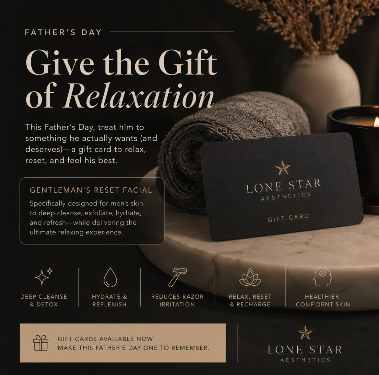 👔 Father&rsquo;s Day Gift Idea 👔

Dads deserve self-care too 🤍

This Father&rsquo;s Day, treat him to something unexpectedrelaxation, confidence, and healthier skin with a gift card from Lone Star Aesthetics ✨

Our Gentleman&rsquo;s Reset Facial i