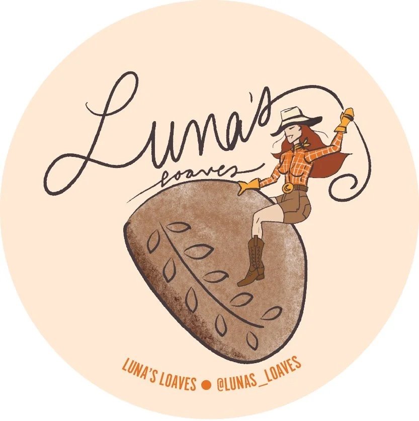 An illustration of a woman sitting on a large loaf of bread  wearing cowboy boots, a plaid shirt, and a cowboy hat, with the words 'Luna's Loaves' and a social media handle.