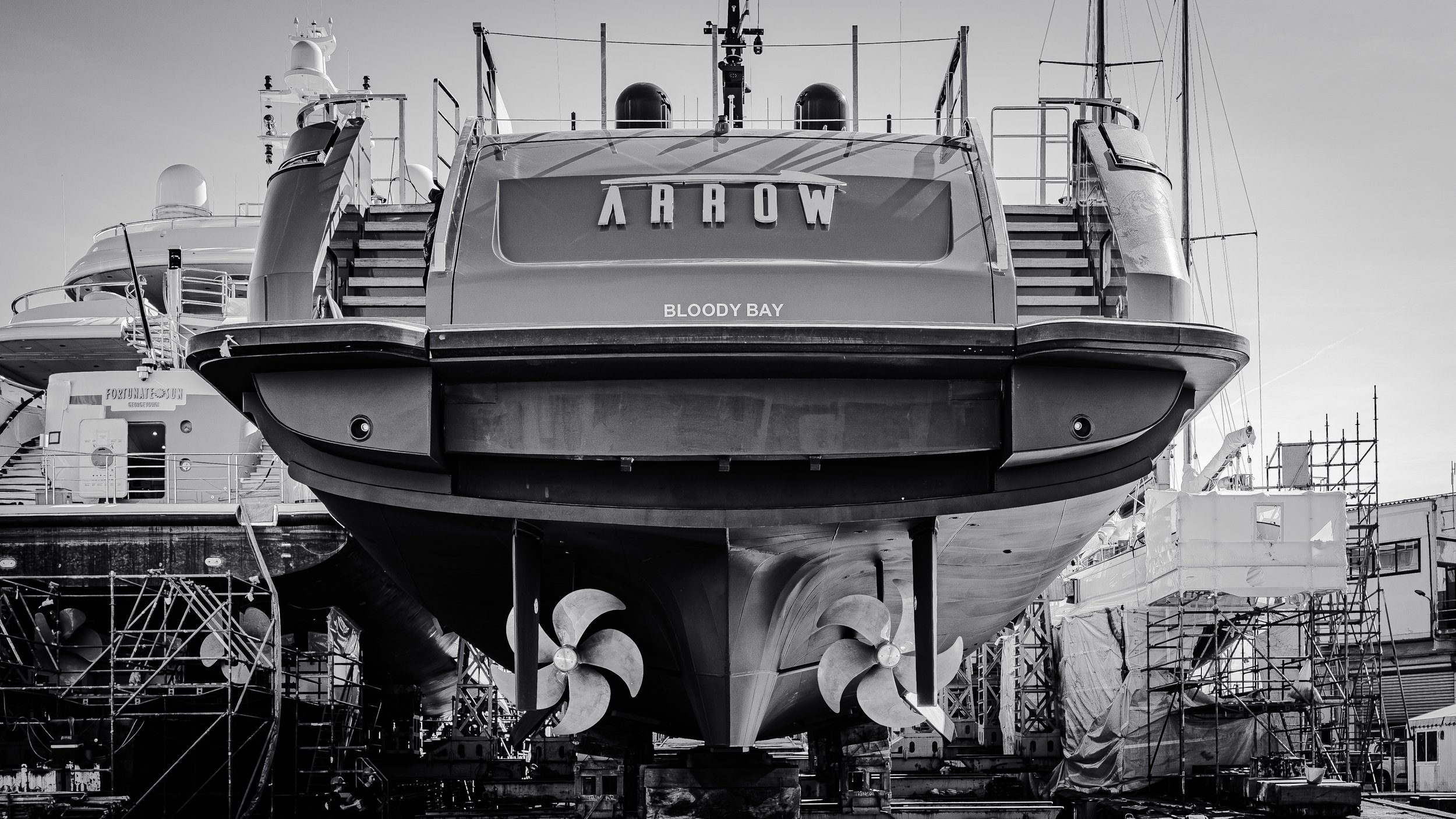 Yacht Arrow out the water in a shipyard