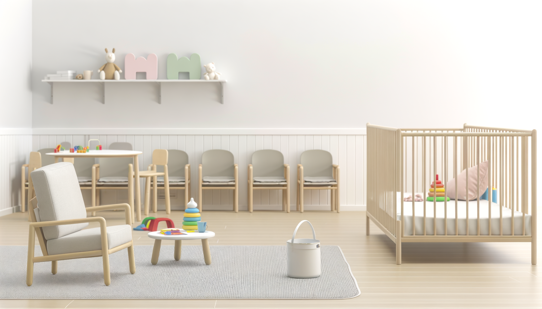 A minimalistic nursery with white walls and light wood flooring. It features a crib with a pink pillow and a rainbow stacking toy inside. There are six beige and grey chairs lined up against the wall, a small round table with toys, a white armchair, and a white bucket. Shelves on the wall hold stuffed animals, books, and decorative letters.