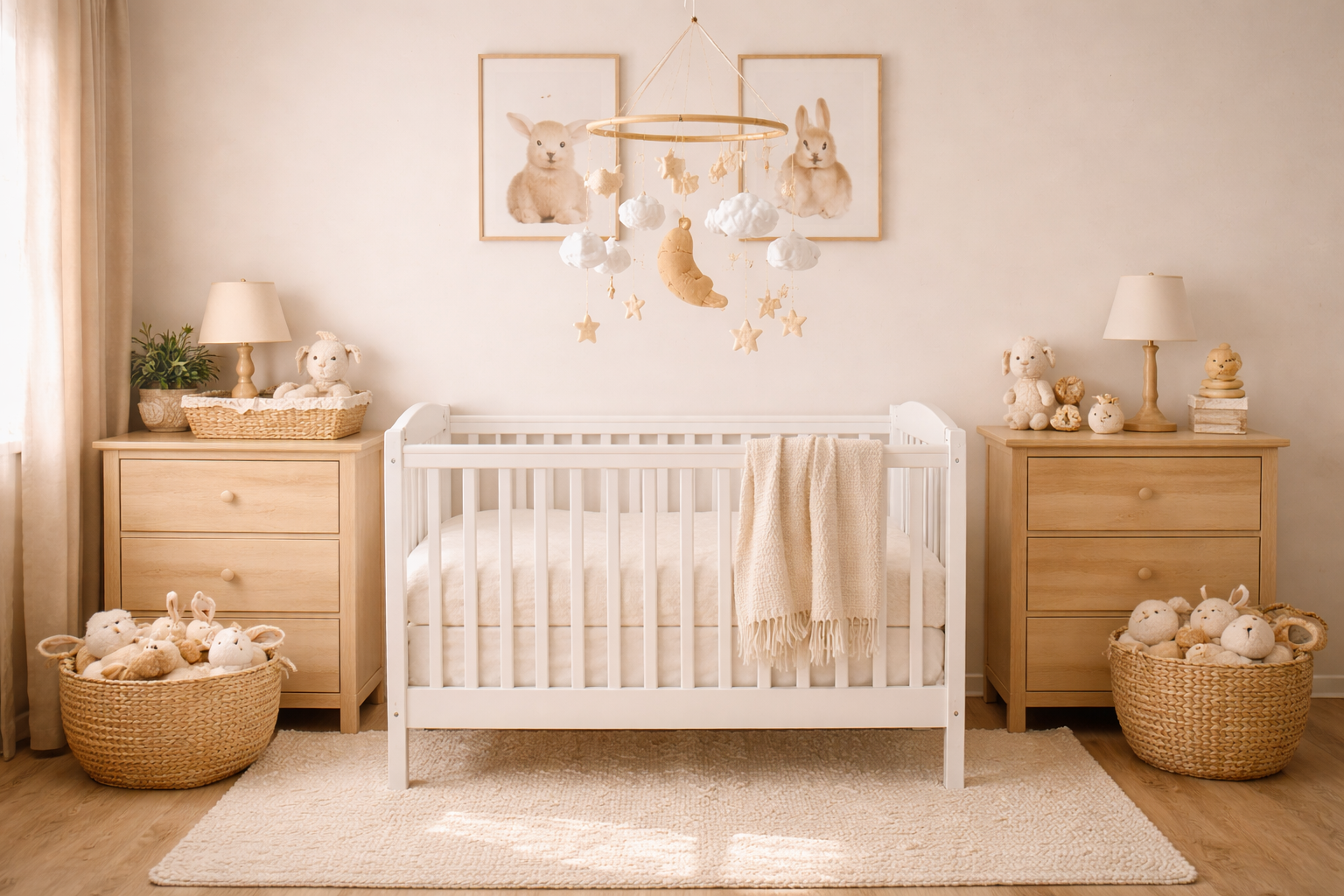 A neutral-toned nursery with white crib, two wooden dressers, stuffed animals, and framed animal art on the wall.