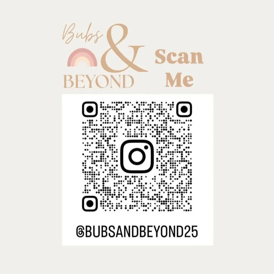 Instagram logo with a QR code above the text '@BUBSANDBEYOND25' and the phrase 'Bubs & Beyond Scan Me' with a rainbow graphic.