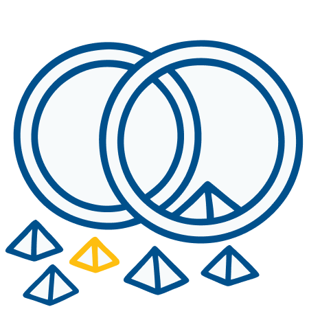 The Fail Smarter Failure Toy. Experiential Learning that Sticks. A graphic of two large coins with a peace symbol inside, surrounded by smaller pyramid-shaped objects, mostly blue with one yellow.