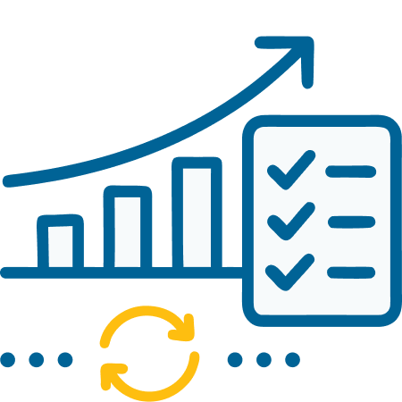 Fail Smarter delivers a Performance Learning System, not a pep talk. A growth chart with a rising arrow, a checklist with three checkmarks, and a circular arrow indicating continuous process or updating.