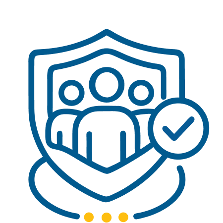 Psychological Safety Consulting. Outline icon of a shield with three people inside and a check mark in a circle, representing security or protection.