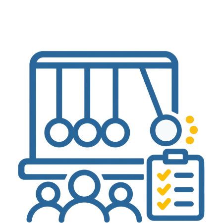 Team Momentum Audit. Outline icon of swinging Newton balls next to a group of 3 people and a clipboard with check boxes.
