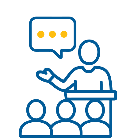 Keynotes & Corporate Culture Workshops. Line drawing of a person speaking in front of an audience with a speech bubble above showing three yellow dots.